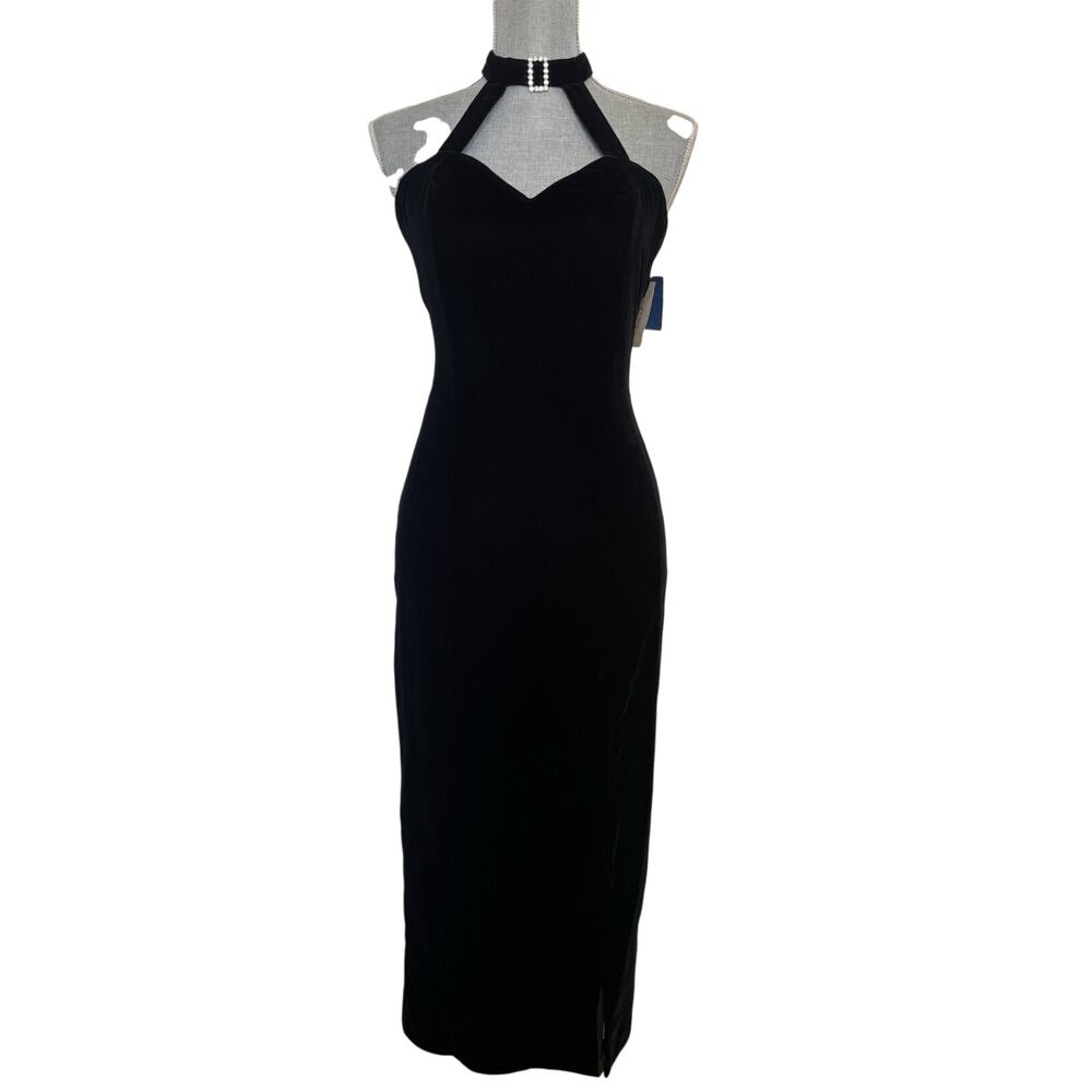 Vtg 90s Black Velvet Rhinestone Choker Gown Formal Prom Size 4 Deadstock Halter